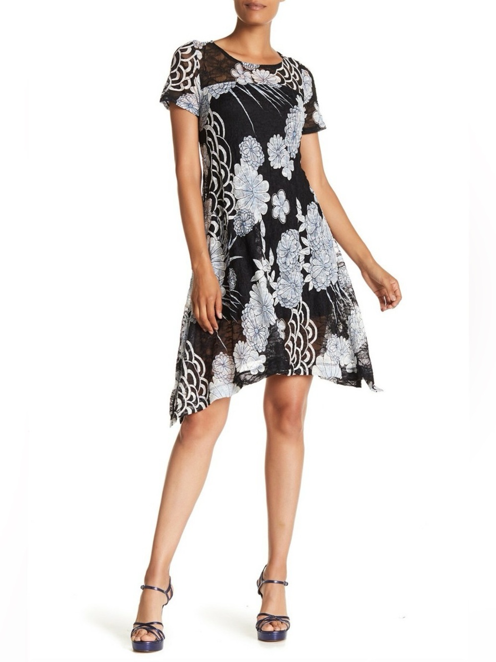 Signature by Robbie Bee - Black Floral Handkerchief Hem Dress - L